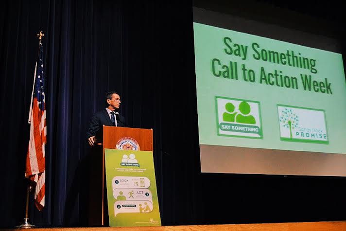 Gov. Dannel Malloy addresses an assembly of sophomores regarding the “Say Something” initiative and the “Start With Hello” campaign, which is to begin in January. The campaigns are in conjuntion with Sandy Hook Promise, the organization founded after the 2012 tragedy at Sandy Hook Elementary School. 