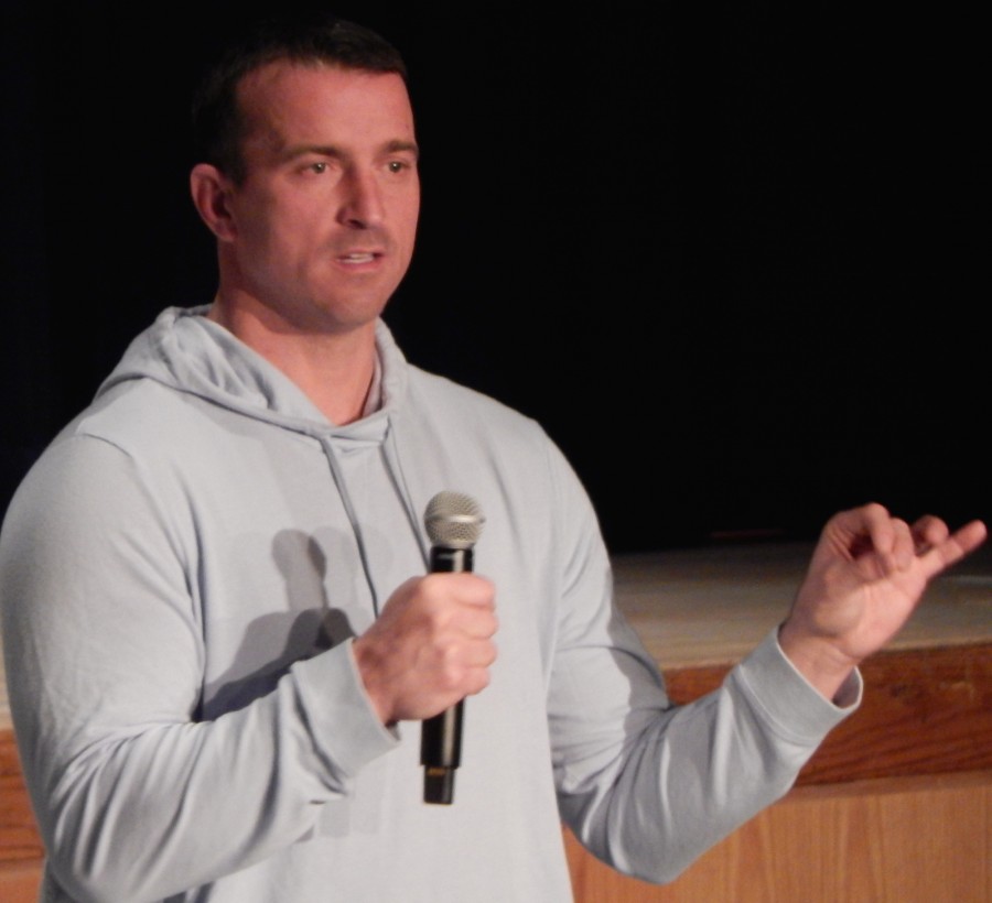 Chris Herren, former NBA player, speaks to sophomores at an emotional assembly in which he told his story of addiction and recovery. He later tweeted that he enjoyed his visit at DHS.