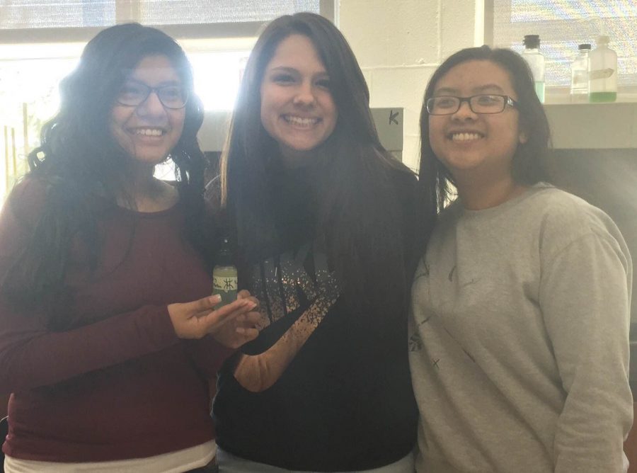 From left, Kaitly Loja, Chelsea Ribeiro and Kimaly Nguyen write about the dangers of plastics in the environment. They are in Michelle McCabes chemistry class.