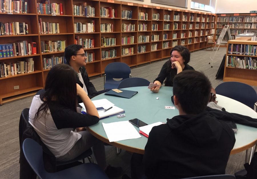 Students discuss the results of the Nov. 8 election, the day after the election, in the Media Center. Whether there, the hallways, classrooms or the cafeteria, students and faculty could be heard talking about Donald Trumps victory over Hillary Clinton.