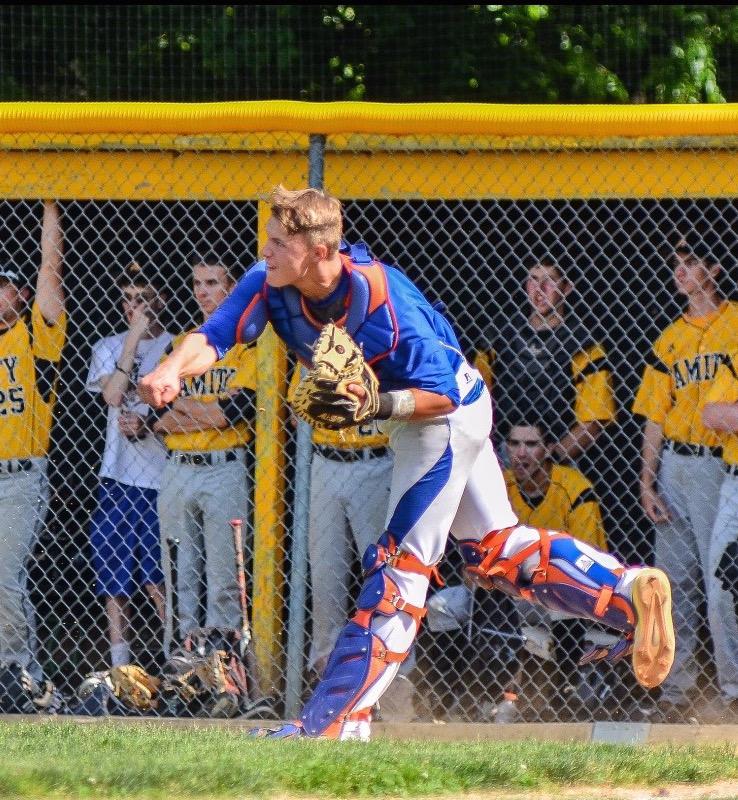 Senior catcher Mike Halas in action on the baseball diamond. Halas has signed a National Letter of Intent to attend the U.S. Military Academy and play baseball for the Black Knights.