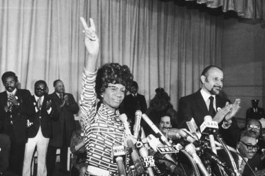 25th January 1972:  US Representative Shirley Chisholm of Brooklyn announces her entry for Democratic nomination for the presidency, at the Concord Baptist Church in Brooklyn, New York. Manhattan borough president Percy Sutton applauds at right.  (Photo by Don Hogan Charles/New York Times Co./Getty Images)