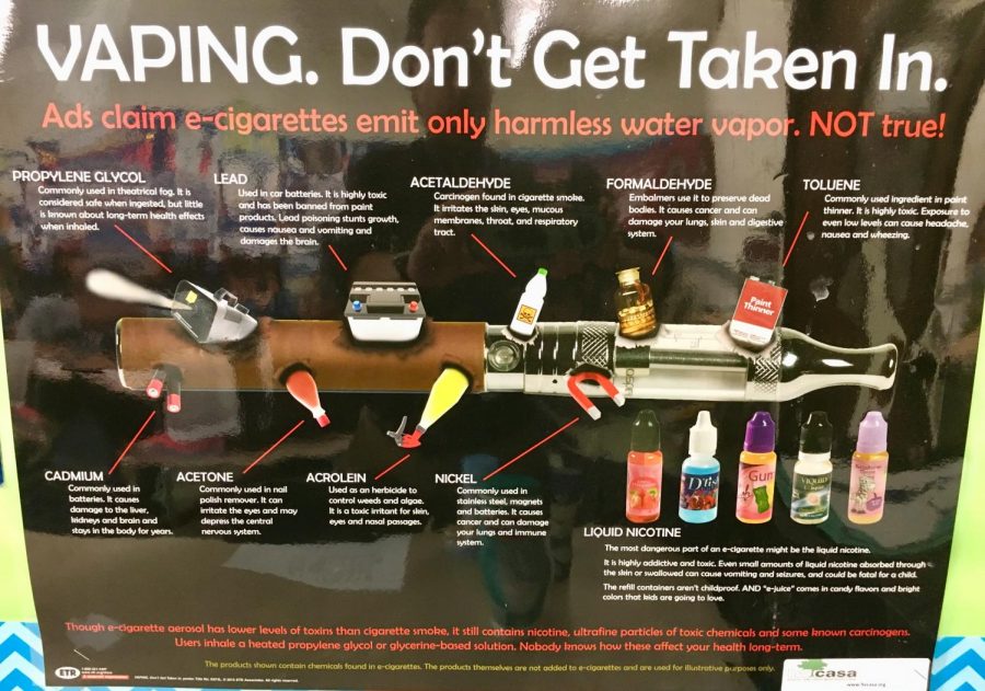 This poster in a health classroom explains the hazards of using e-cigarette pens.
