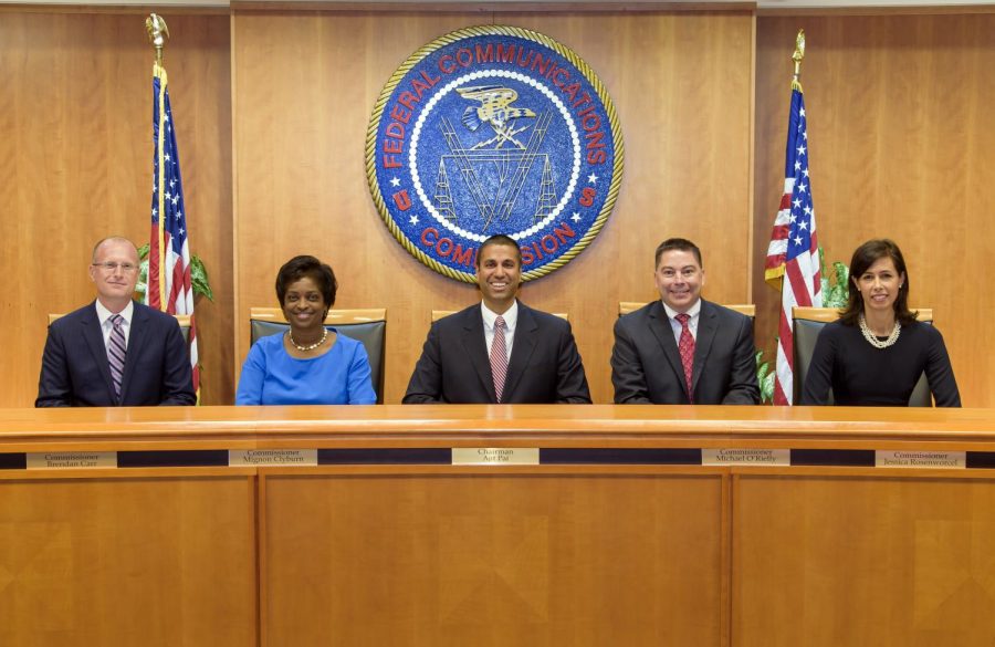 The members of the Federal Communications Commission (from left to right): Brendan Carr, Mignon Clyburn, Ajit Pai, Michael ORielly, and Jessica Rosenworcel. 