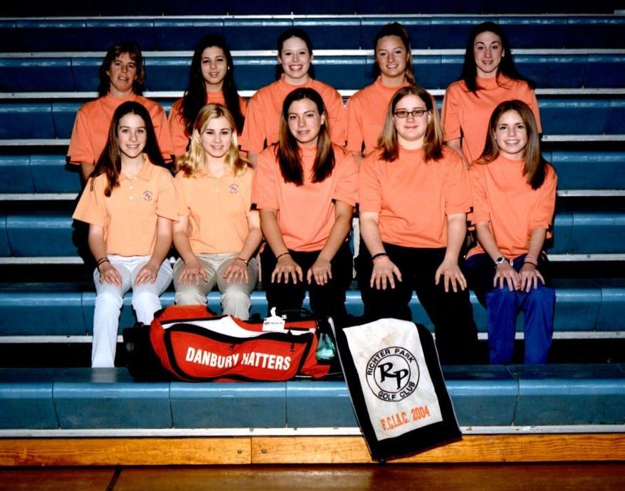 The 2005 girls' winning golf team, with Coach Kathy Boucher, left, second row. (Casey Hanrahan, bottom left, is now an English teacher here)
