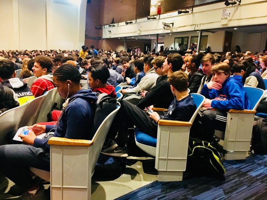 Students gather in the auditorium for one of the schools Perry Awards presentation. So far the $50 checks have been awarded to winning 9th- and 10th-graders. Next week, the 11th-graders will hold an assembly to receive their awards.