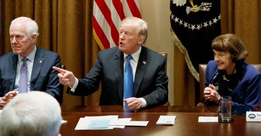 President Trump on Feb. 28 held a meeting at the White House to discuss potential gun control measures with members of Congress, including Connecticut Sen. Chris Murphy. Trump said a deterrent to school shootings like the one in Parkland would be to arm teachers who volunteer for training.