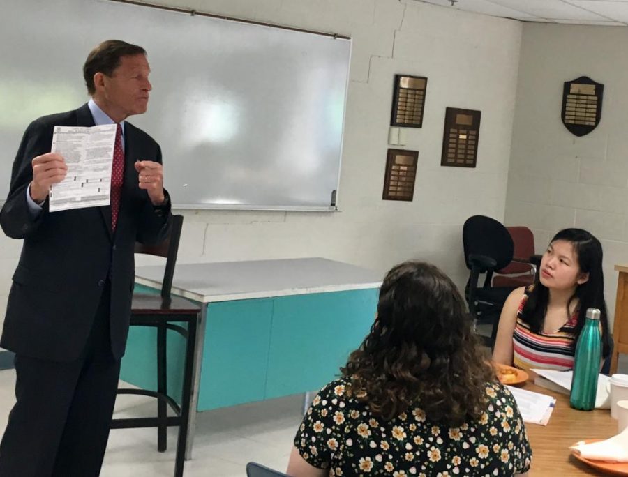 U.S. Sen. Richard Blumenthal tells DHS seniors Wednesday that registering to vote and voting are important steps in making a difference.