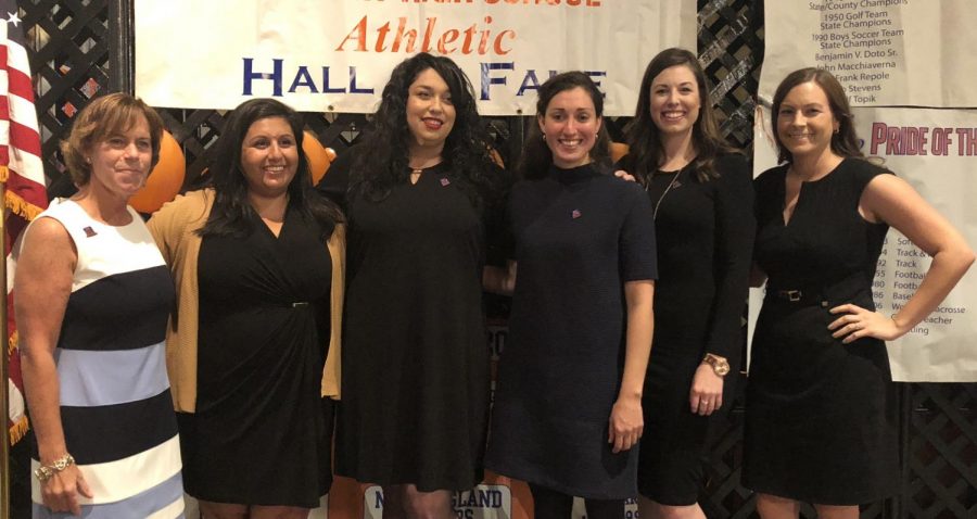 The 2004 and 2005 State Champion girls golf team was inducted into the DHS Hall of Fame during a dinner ceremony Oct. 26 at the Amber Room. From left, Coach Kathy Boucher, Nicole Najam, Kelly Rose Kronen, Stacey Baradit, Megan Corbett, and Jen Tierney.