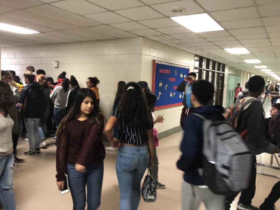 Student traffic in the hallways between lunch waves.