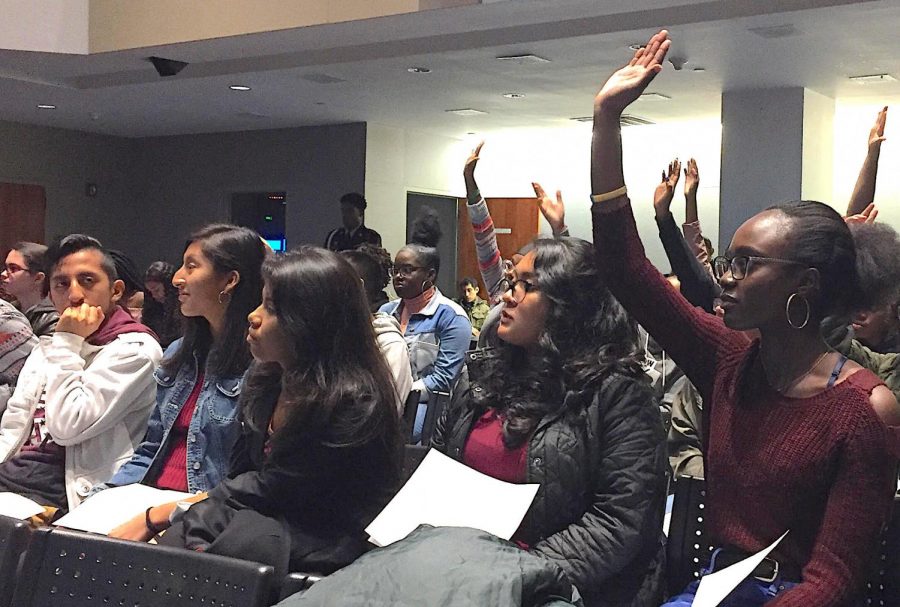 Students eagerly ask questions to the keynote speakers during the Q&A section hosted at the end of the AMBYESE conference at UConn Stamford on Saturday, Nov. 10.
