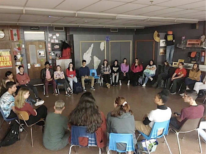 Theater teacher Michael Burnett meets with his Focus Friday flex, an enrichment gathering for meditation.