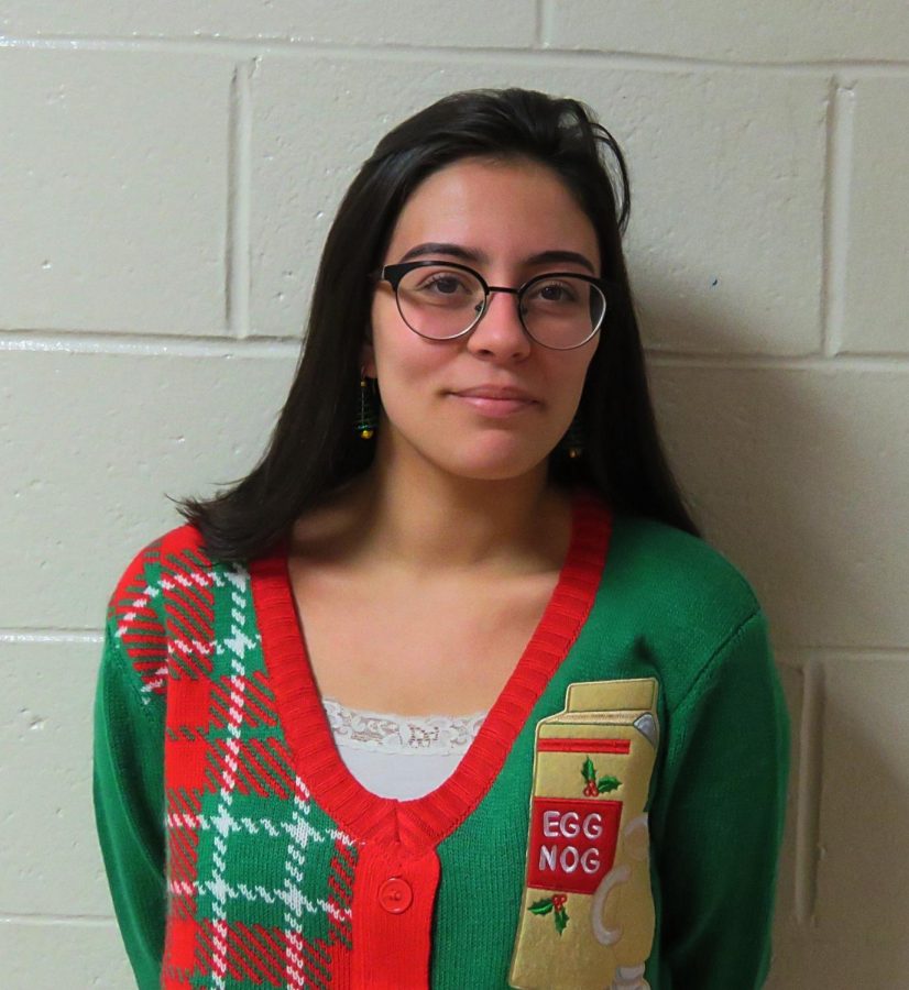 Senior Gabby DOstilio in her festive Christmas sweater on Ugly Sweater Day.