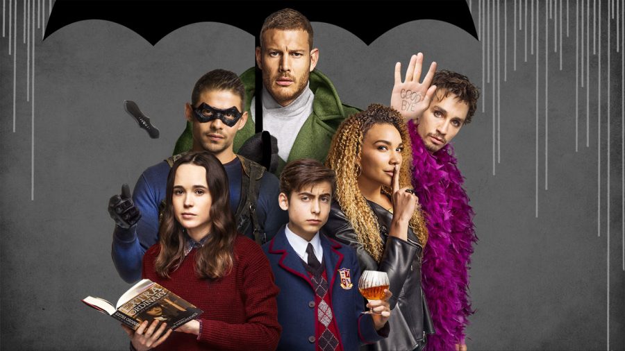 Netflix original series The Umbrella Academy  features Ellen Page as Vanya, bottom left, David Castañeda as Diego, left, Tom Hopper as Luther, top center, Aidan Gallagher as Number Five, bottom center, Emmy Raver-Lampman as Allison, right, and Robert Sheehan as Klaus, far right.