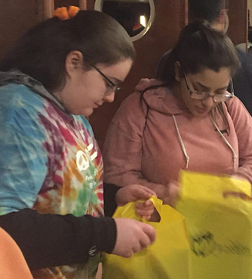 DHS students Ashley Schlemmer, left, and Angelina Campos look over the True Color Conferences materials and program.