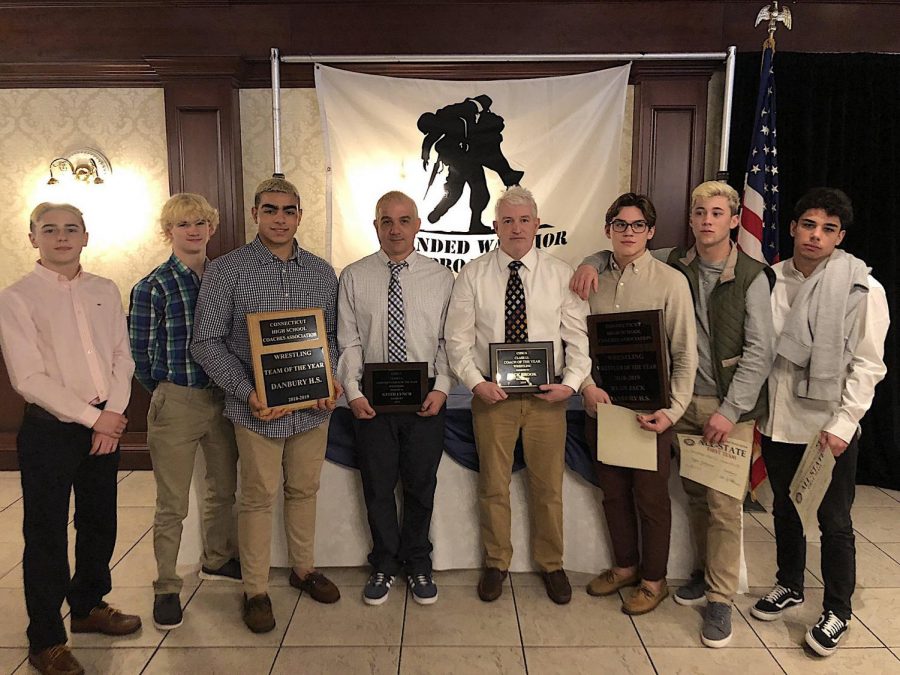 The Connecticut High School Coaches Association awarded the following to this years wrestling team: Team of the Year, Wrestler of the Year to Ryan Jack, and Class LL Coaches of the Year to Richard Shook and Keith Lynch.  