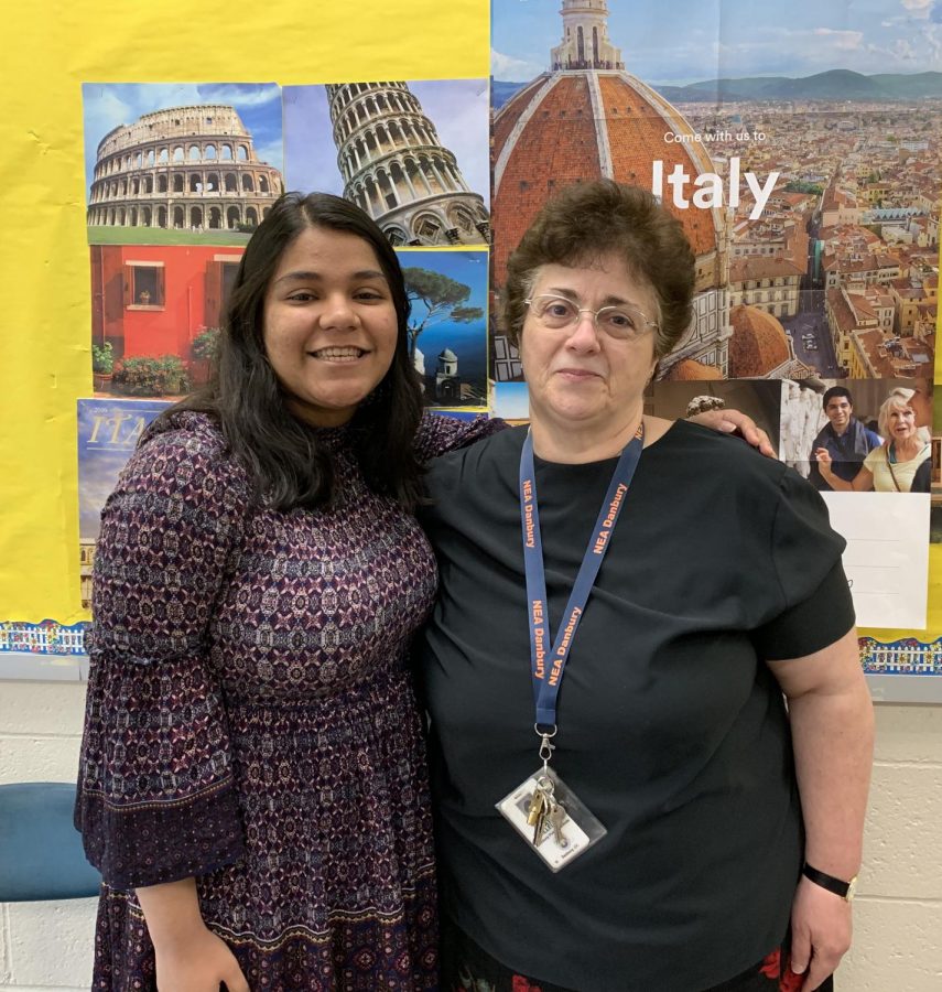 Valedictorian Barkha Bhavsar stands with French teacher Patricia Villella, who taught the exceptional student for two years. Bhavsar continues to visit Villella after school, and Villella praises her for going over and beyond the call of duty when it comes to academics and extracurriculars. 