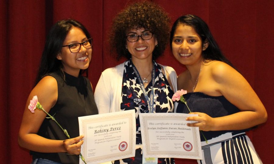 Soraya Bilbao, an EL teacher, celebrates success with two of 19 ELs who attended her AP class and sat for the exam.