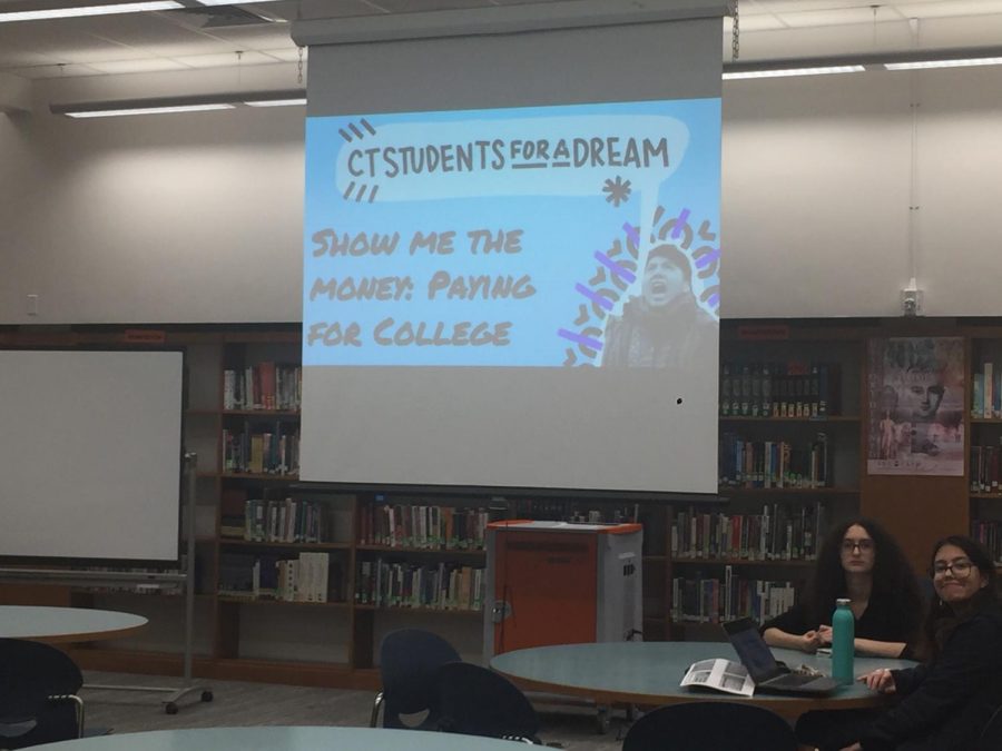 Lead Danbury-Coordinator for CT Students For a Dream Angelica Idrovo projects her Financial Aid Night presentation and prepares her student volunteers.