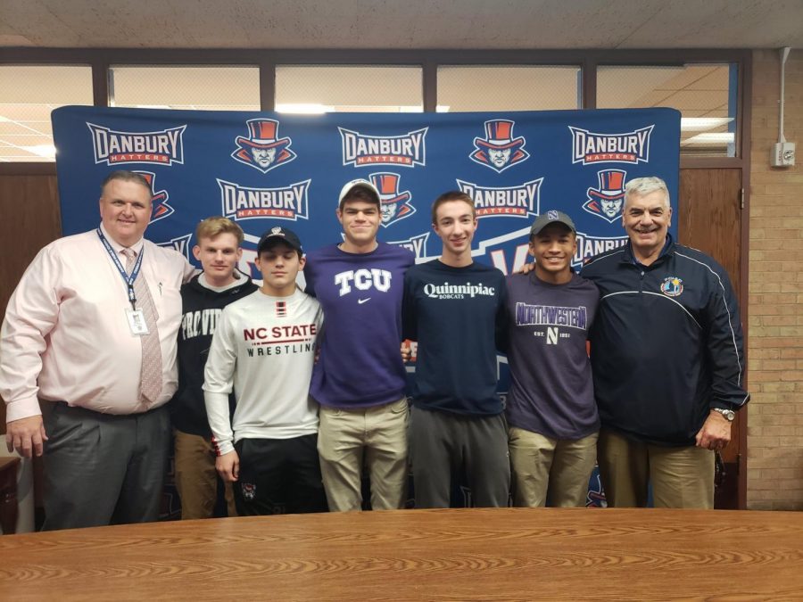 From Left: DHS Principal Dan Donovan, Jacob Hefele, Ryan Jack, Shayne Simmons, Jack Watson, Tyler Warren, and DHS Athletic Director Chip Salvestrini