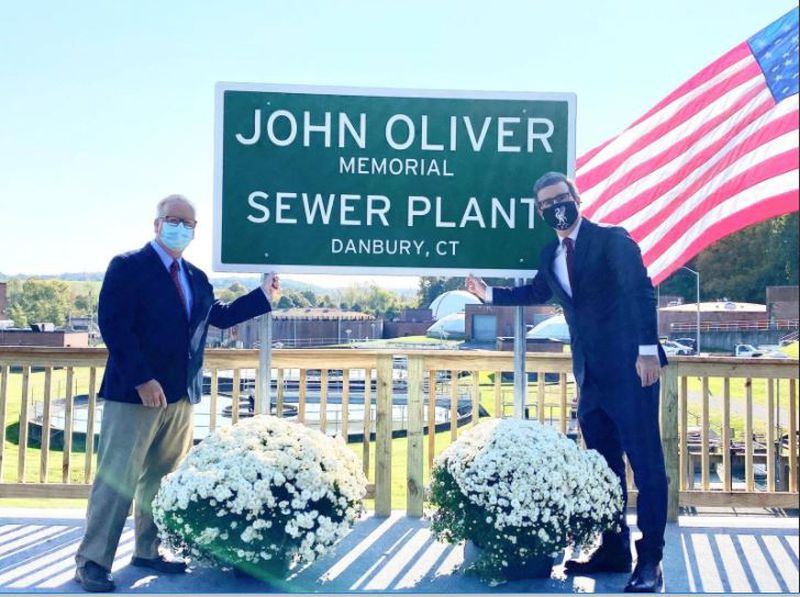 Former Mayor Mark Boughton (Left) and John Oliver (Right) at the opening of the John Oliver Memorial Sewer Plant. 