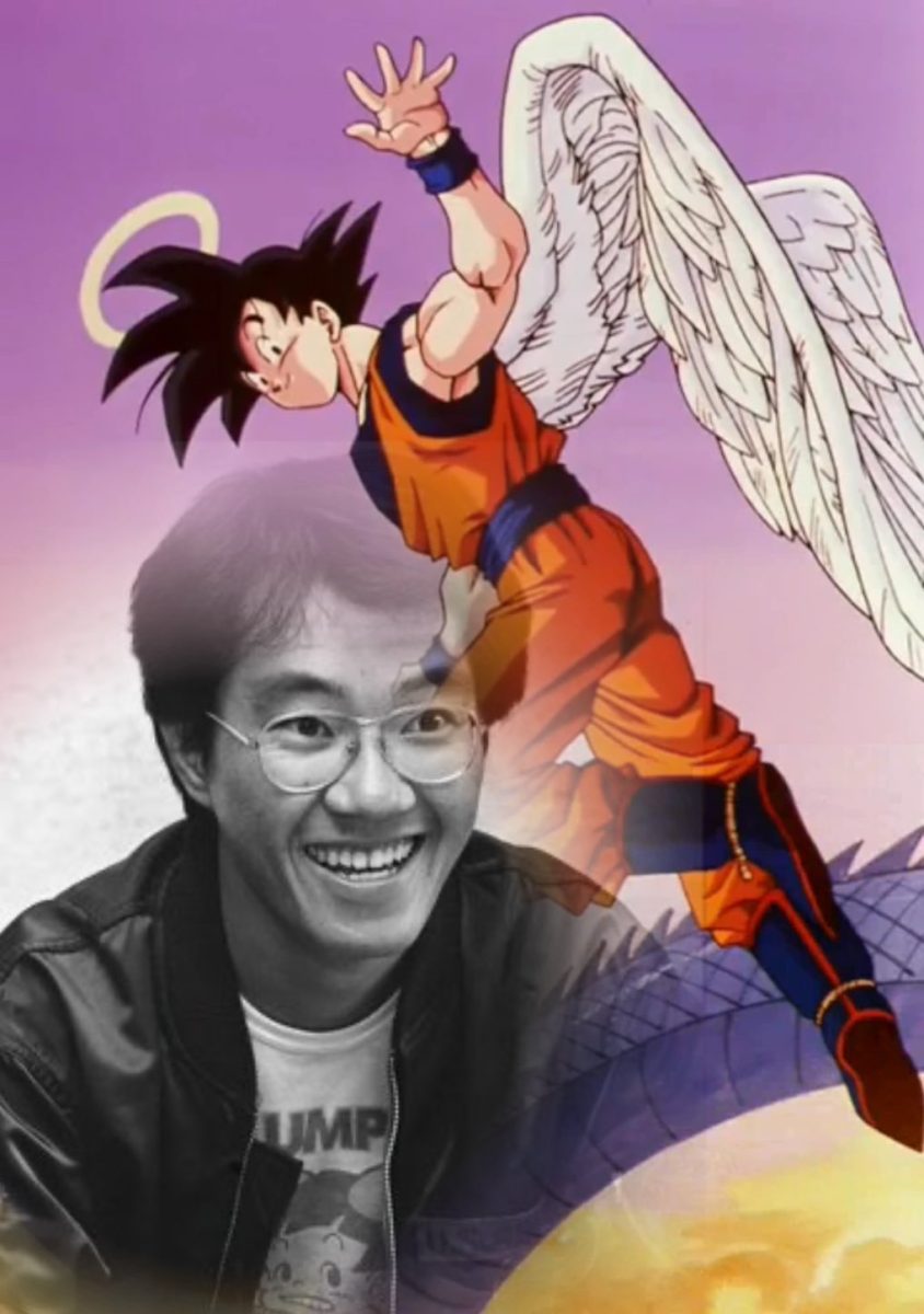 Akira Toriyama pictured with the main character of Dragon Ball, Goku.