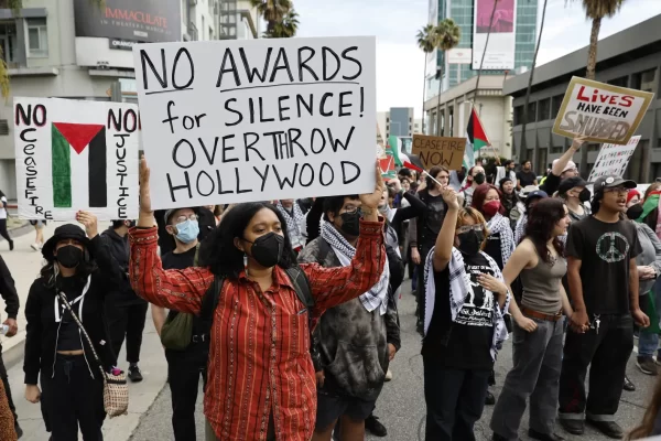Protesters at the 2024 Oscars red carpet 
