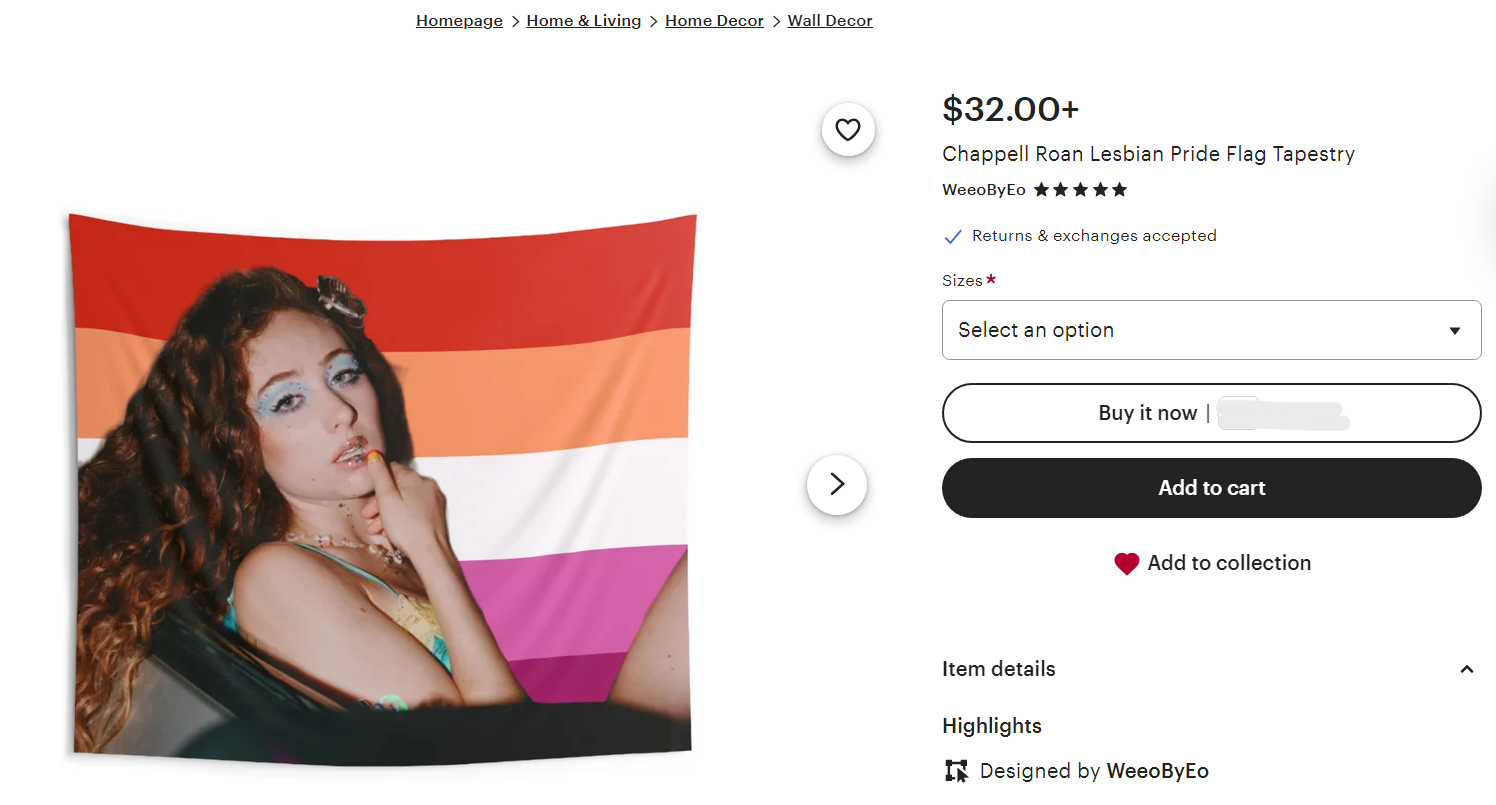 An Etsy listing for a lesbian pride flag with Chappell Roan printed on it.