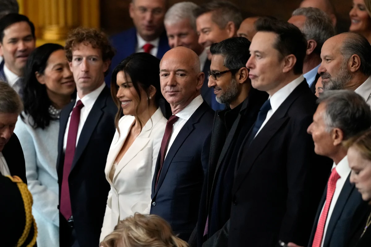 Guests in the US Capitol Rotunda included some of the tech industry's biggest leaders, like Meta's Mark Zuckerberg, Amazon's Jeff Bezos, Google's Sundar Pichai and Tesla's Elon Musk. [Julia Demaree Nikhinson/AP Photo, pool]